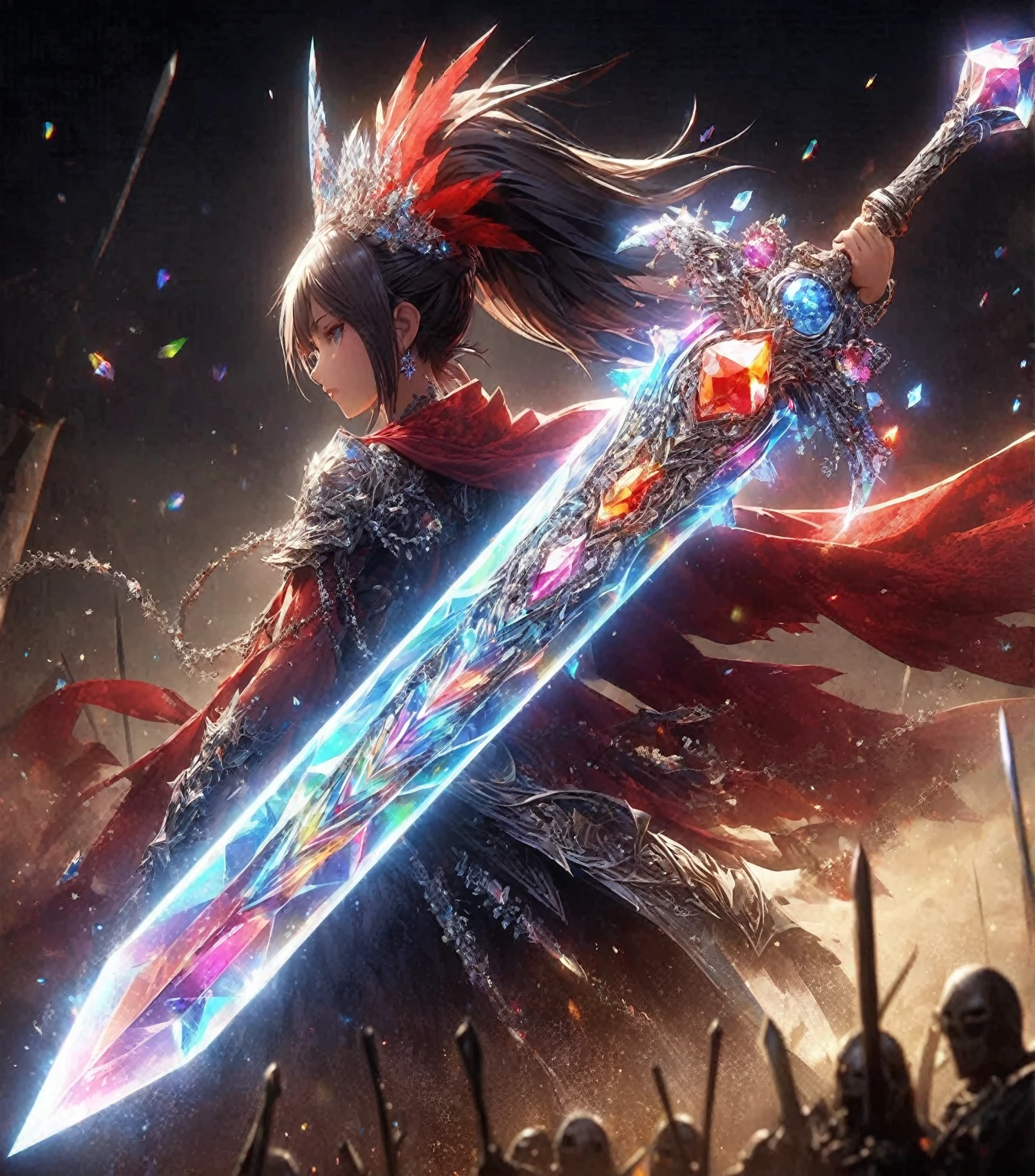 masterpiece, Highest quality, Highly detailed CG Unity 8k wallpaper, Princess、Covers the entire screen like never before、He has an incredibly large and thick sword.. この非常に精密でHigh resolutionの剣は、Decorated with colorful gemstones. The blade is crystal. Overall particle light. Dark Red Princess. This is a digital illustration. Sharp focus, Highly detailed illustration, masterpiece, High resolution, Octane Rendering Style.