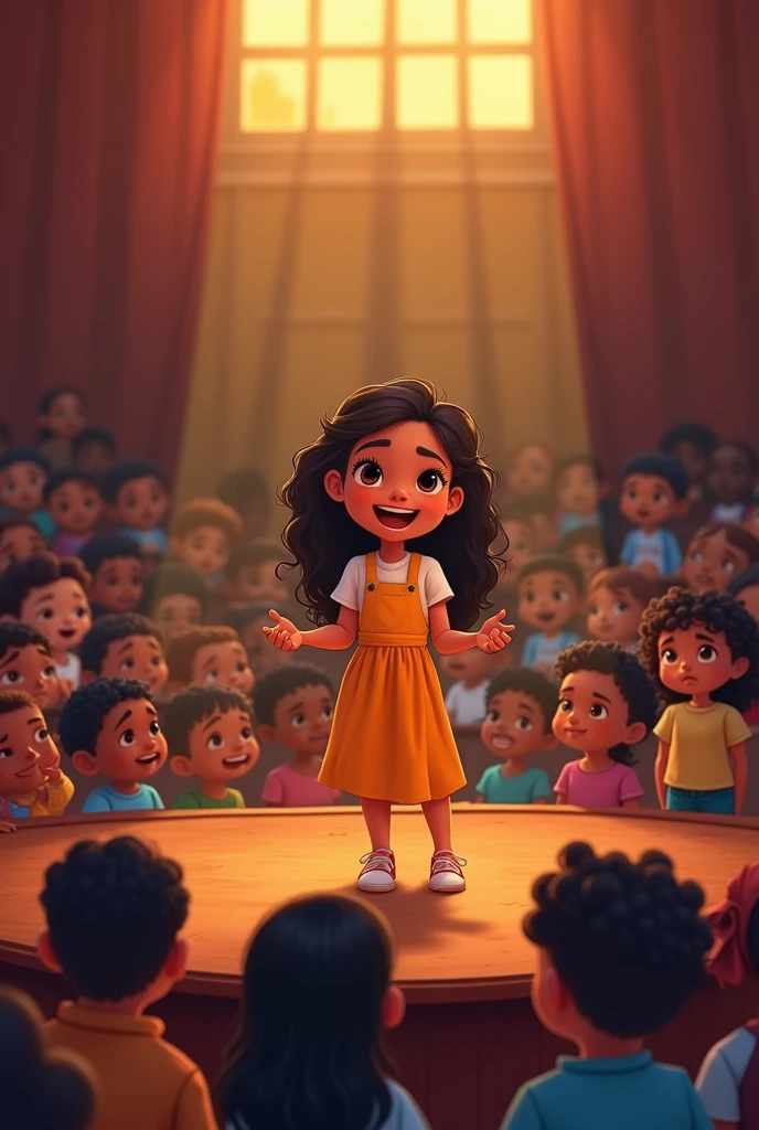 Latina girl is reciting a poem at her school, Many children and teachers look at her pixar style drawing