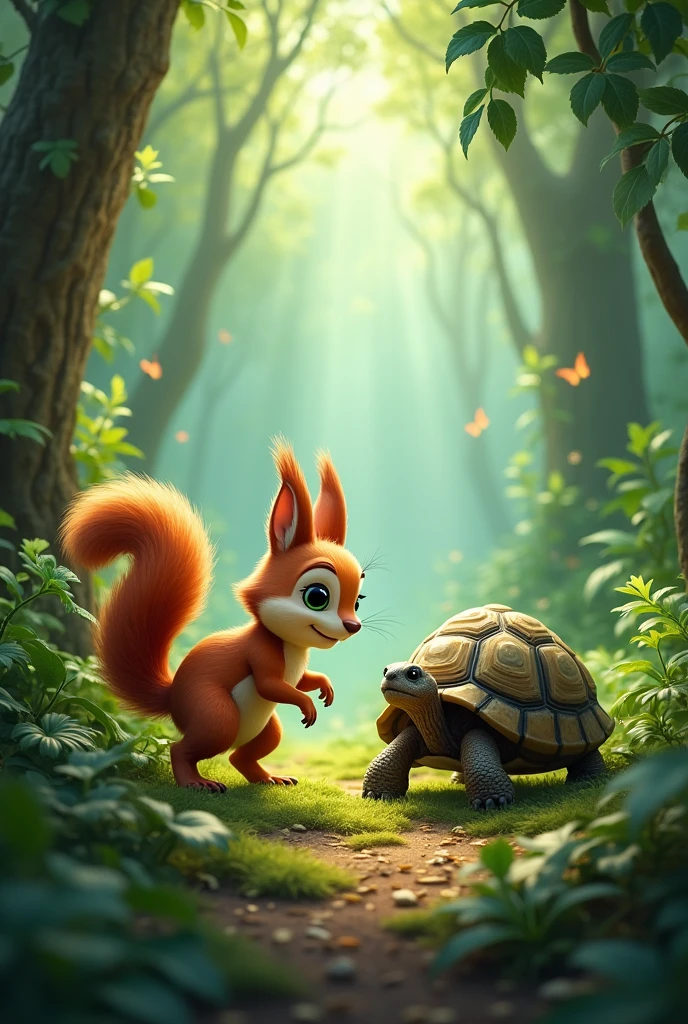 Picture of a squirrel and a tortoise in a jungle