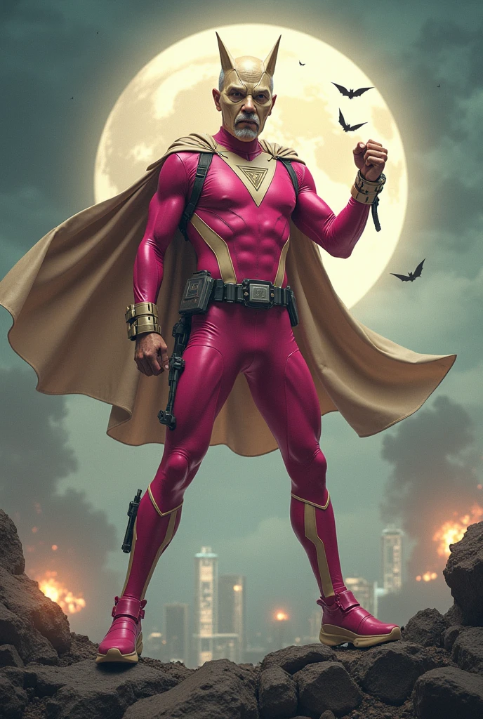 ((CLOSE UP HALF BODY PORTRAIT 1:3))Malaysia man in high-tech suit, vivid effects, malaysian superhero (KELUANG MAN) in a striking pink and(( beige costume cyberpunk design, mask small mini bat ear beige)), ((daredevil beige mask)), jumpsuit dark pink stands confidently in a dramatic.jumping from high place.hero costume.one hand rise up. Big triangle logo on the chest.high detail Punisher logo on the chest. Fighting pose , stormy landscape. ((Head covered node guard like batman. Running pose , athletic body type, small mini ear bat mask))The character wears domino mask a helmet with pointed mini torn ears and a flowing cape biege, open nose and mouth. Equipped with visible futuristic weapons on a belt,bullet proof jacket pink dark day.show fingers pose, dark night, big supermoon effect . Small logo on chest triangle shape small punisher logo center triangle cyber logo center on chest pink logo mini logo((WEAR LOOSE CARGO PANT.)) . rocky. Building top.smoke ground , bomb effect background, losse pants, losses costume.adding to . laser light background))--ar 3:4 --style raw --stylize 500 --v 6.1. chaos. Lot of small flying bat. One leg on the high stone. Man . Real man age 40 year old. One hand holding belt.one hand holding black rope hanging on building
