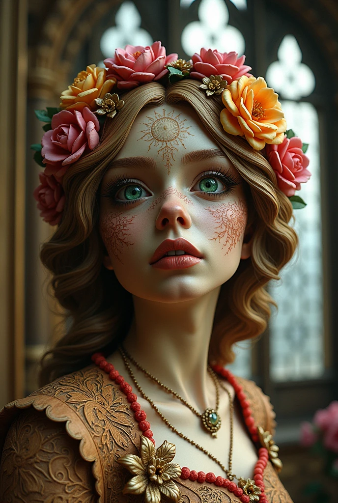  Cute maiden victorian gothic aesthethic queen of flowers intricate details insanely artwork Wooden painted, 3D effect ultra-detailed intricate insanely, Heart, museum room, green eyes, Carved in wood, painted with bright colors., indie film screencap, dramatic angle, , found footage, (steampunk), (cyberpunk aesthetic), (retrofuturism, atompunk), heroic proportions, window behind,