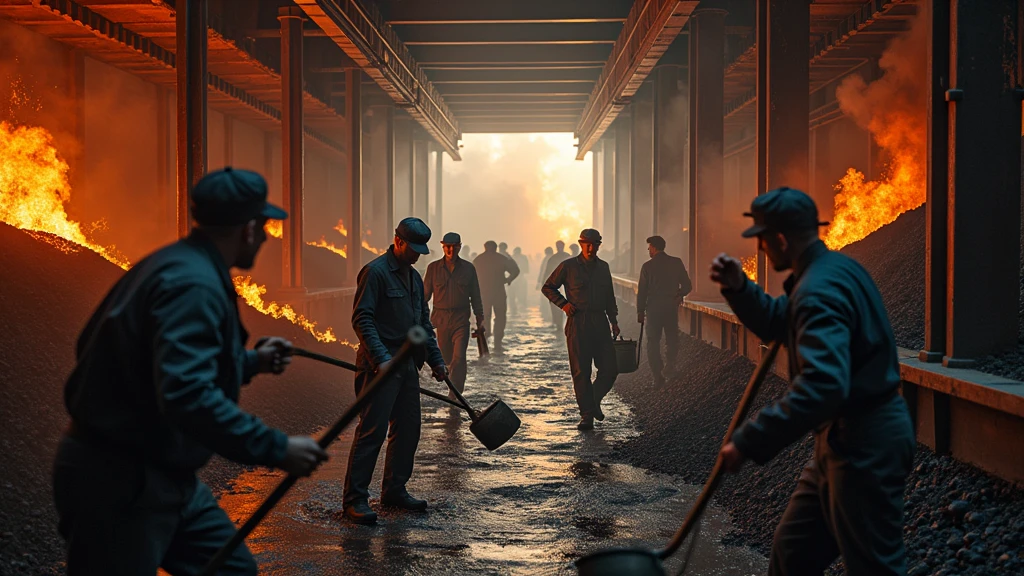 Captivating and cinematic image, Titanic&#39;s coal hold, men work to put out a large fire coming from the boilers, year of 1912 with Star Line clothes working in denim overalls, to contain fire in coal deposit. they throw buckets of water and have shovels in their hands