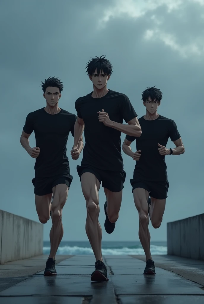 Create a dark scene of a trio of three male anime characters dressed in black sportswear running on a Sunday on the beach sidewalk.