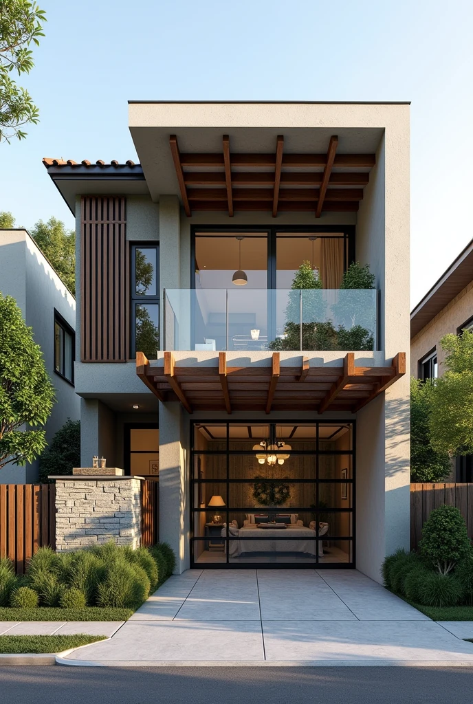 Make a not so big house 1. styled: moderno/contemporary, with touches of the classic.

2. Improve security, without closing the front too much (Wall). . Trazer elementos naturais como Wood, vegetation, stones etc.

3 4. Give more volume to the facade and/or sensation of volume.

5. Facade with personality and creative solutions.

6. Monica appreciates: pergola, gram, plants, glass, Wood, stones, more neutral overall tones, with contrasting points, a mix of coziness and sophistication etc..