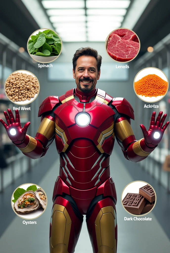 Generate a image that marvel character (iron man) advising to eat a foods when you are in iron deficiency. The image should be in 9:16 ratio and with the foods name. The should be realistic and awesome.