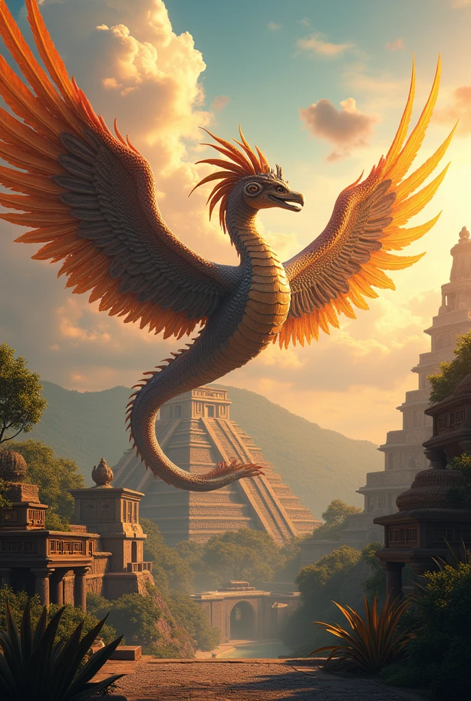 make a giant snake that has feathers and wings, flying through the Aztec sky. I want a representation of the Aztec god Quetzalcoatl
