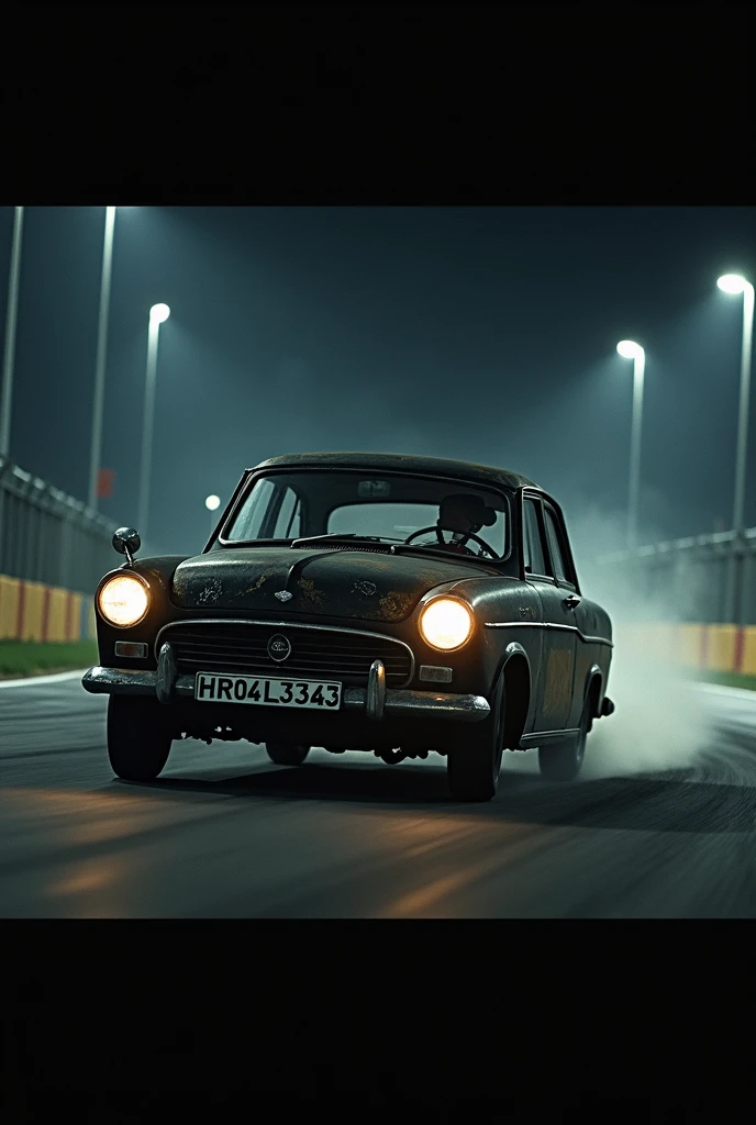 black ford figo old with registration number HR04L3343 on track fast in night