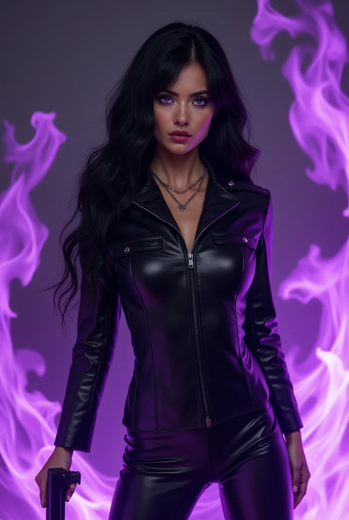 A picture of an extremely beautiful woman, with purple eyes, long black hair, small nose, very feminine, too beautiful, with a very tiny and small chain, 
 full lips, a background of purple flames enveloping her, dressed in a black leather military suit, with a gun in his hand