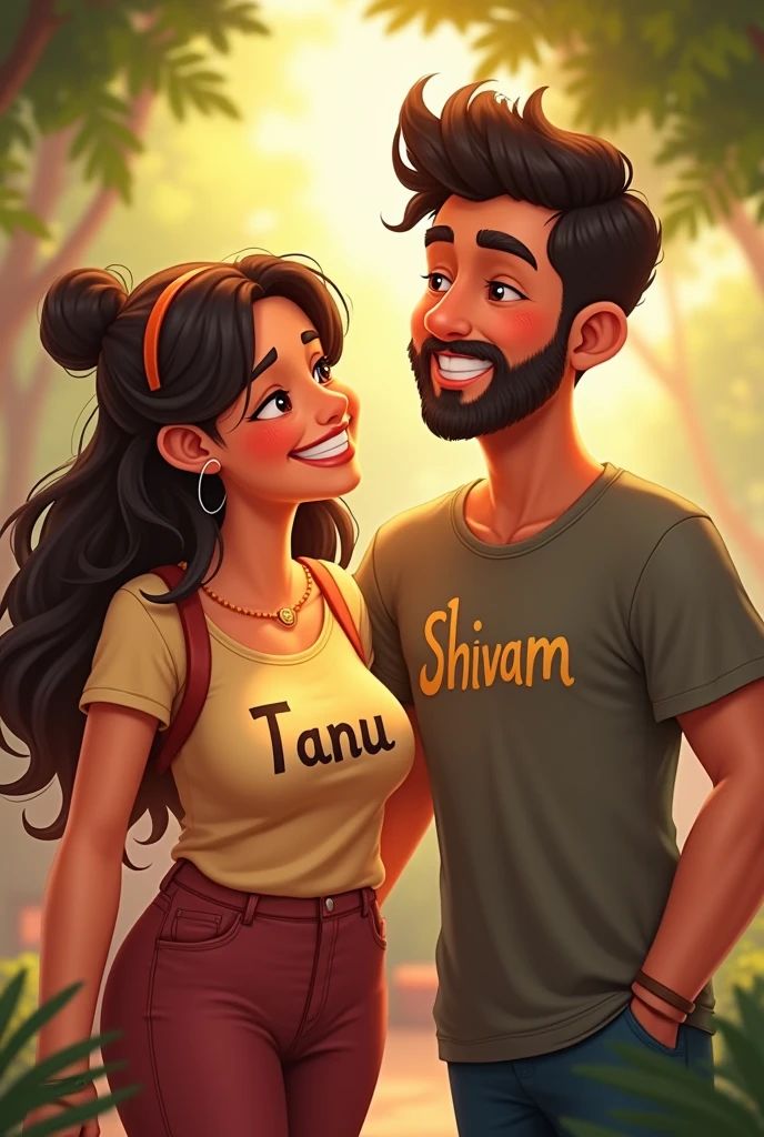 There are two friends, the woman is a little fat and the man, Tanu is written on the woman's t-shirt and Shivam is written on the man's t-shirt