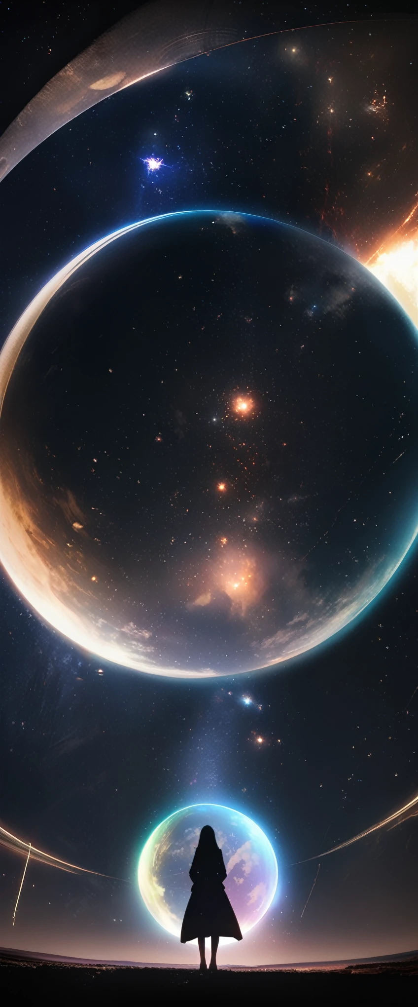 16k,wallpaper of extremely detailed CG unit, masterpiece,hight resolution,top-quality,top-quality real texture skin,hyper realisitic,increase the resolution,RAW photos,best qualtiy,highly detailed,the wallpaper,cinematic lighting,ray trace,golden ratio, BREAK ,many stars twinkling in a beautiful bright winter night sky, long exposure starry sky with many circular orbits, silhouette of a cute young woman with long hair with her hands in her coat pockets looking up at it, photo taken from long distance, photo from below, beautiful kaleidoscope multiple exposures overlapping