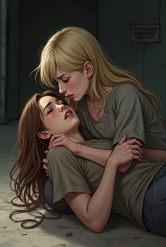 A blonde woman holding another woman unconscious with brown hair, on the ground in a protective manner, crying, with a dramatic tone, holding her closely against her chest. Create images in various drawing styles, anime and comic