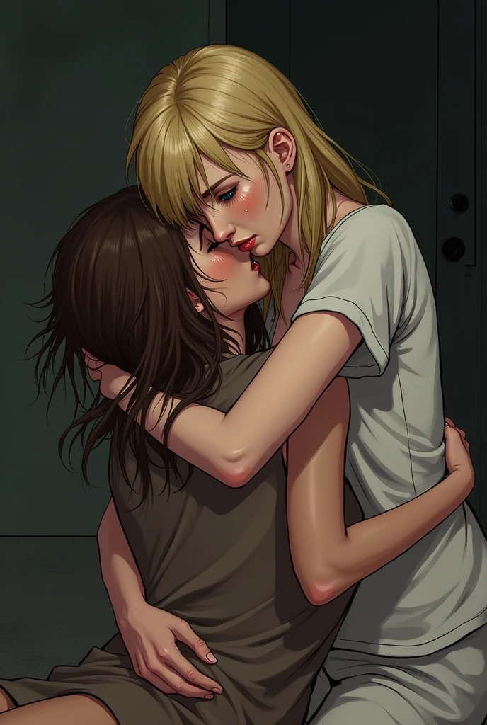 A blonde woman holding another woman unconscious with brown hair, on the ground in a protective manner, crying, with a dramatic tone, holding her closely against her chest. Create images in various drawing styles, anime and comic