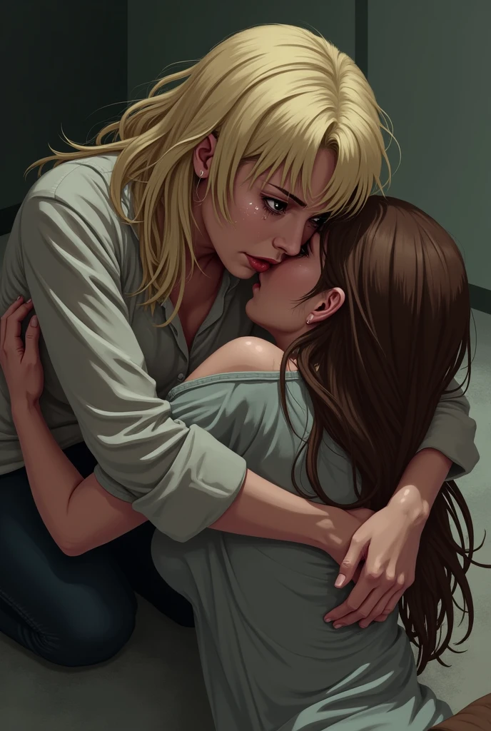 A blonde woman holding another woman unconscious with brown hair, on the ground in a protective manner, crying, with a dramatic tone, holding her closely against her chest. Create images in various drawing styles, anime and comic