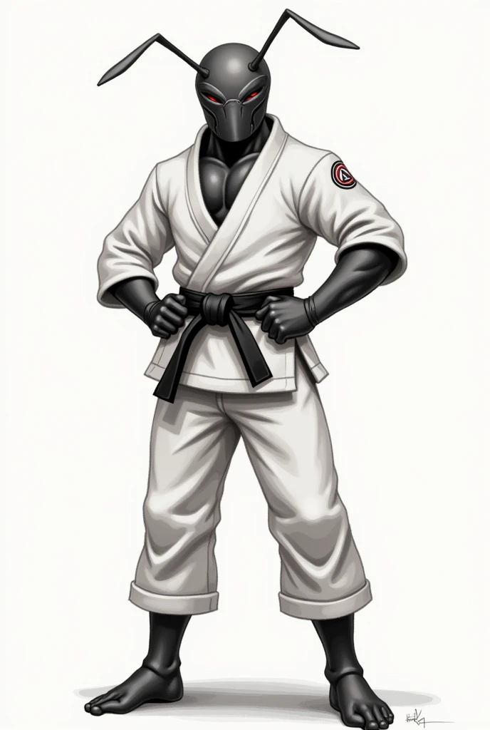 formiga, super heroi, wearing helmet , wearing a white jiu jitsu kimono and white pants, black waist belt,  with both hands on his waist,   drawning, it's not human