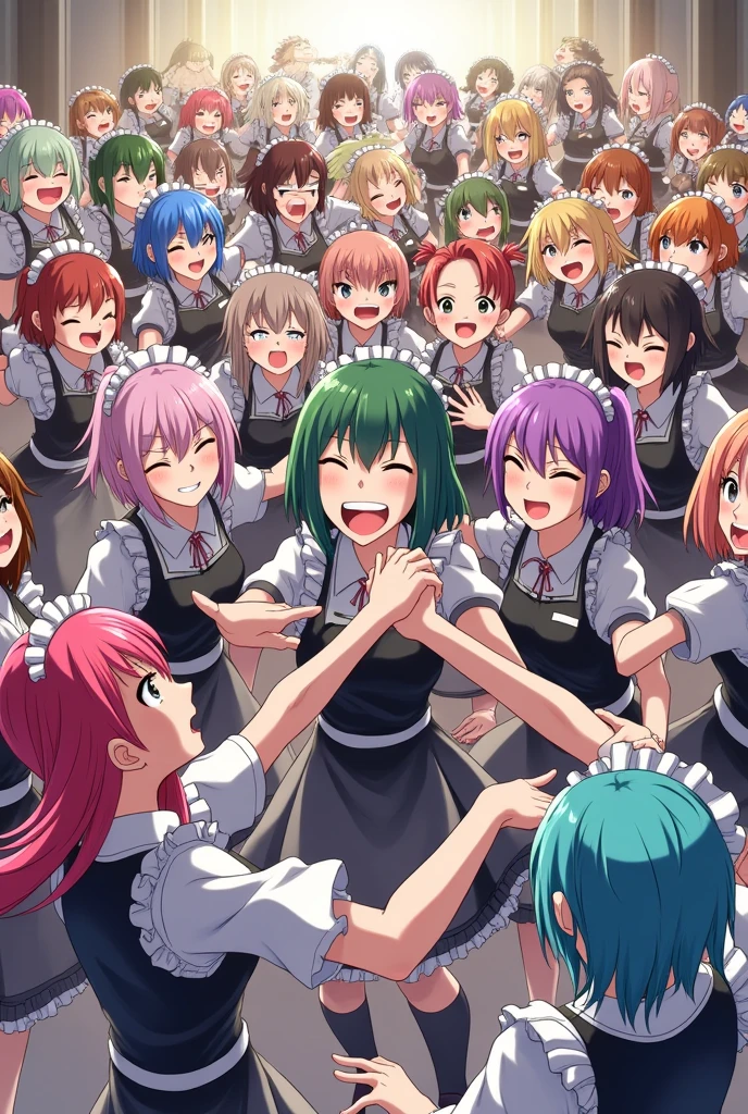 An anime-style illustration depicting hundreds of maids playfully wrestling with each other,
each maid has different colored hair.
the illustration emphasizes the humorous and energetic nature of their scuffle, crowd shot