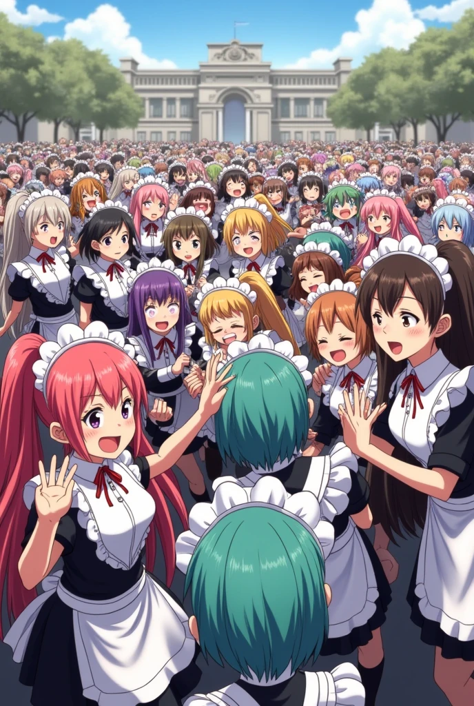 An anime-style illustration depicting hundreds of maids playfully wrestling with each other,
each maid has different colored hair.
the illustration emphasizes the humorous and energetic nature of their scuffle, crowd shot
