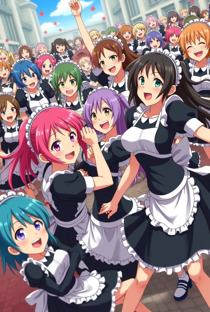 An anime-style illustration depicting hundreds of maids playfully wrestling with each other,
each maid has different colored hair.
the illustration emphasizes the humorous and energetic nature of their scuffle, crowd shot