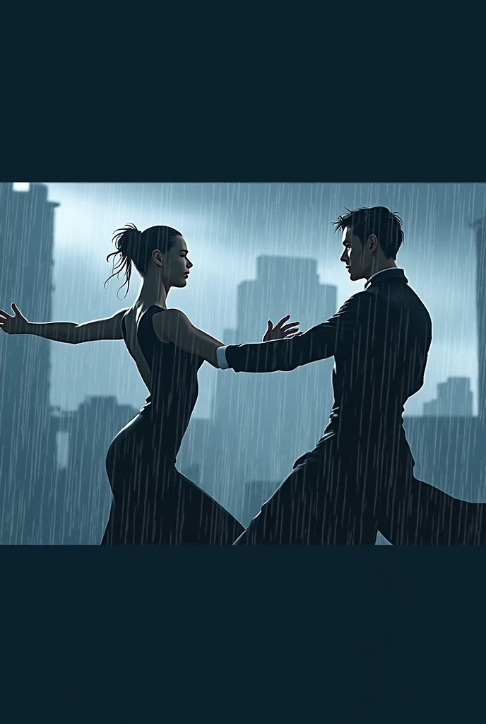 Two handsome skinny men dressed in black under the rain dancing bautiful liar 