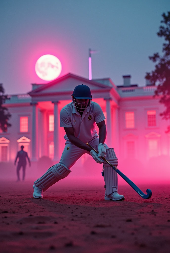  cricketer playing hockey in White House on mars neon lights fog