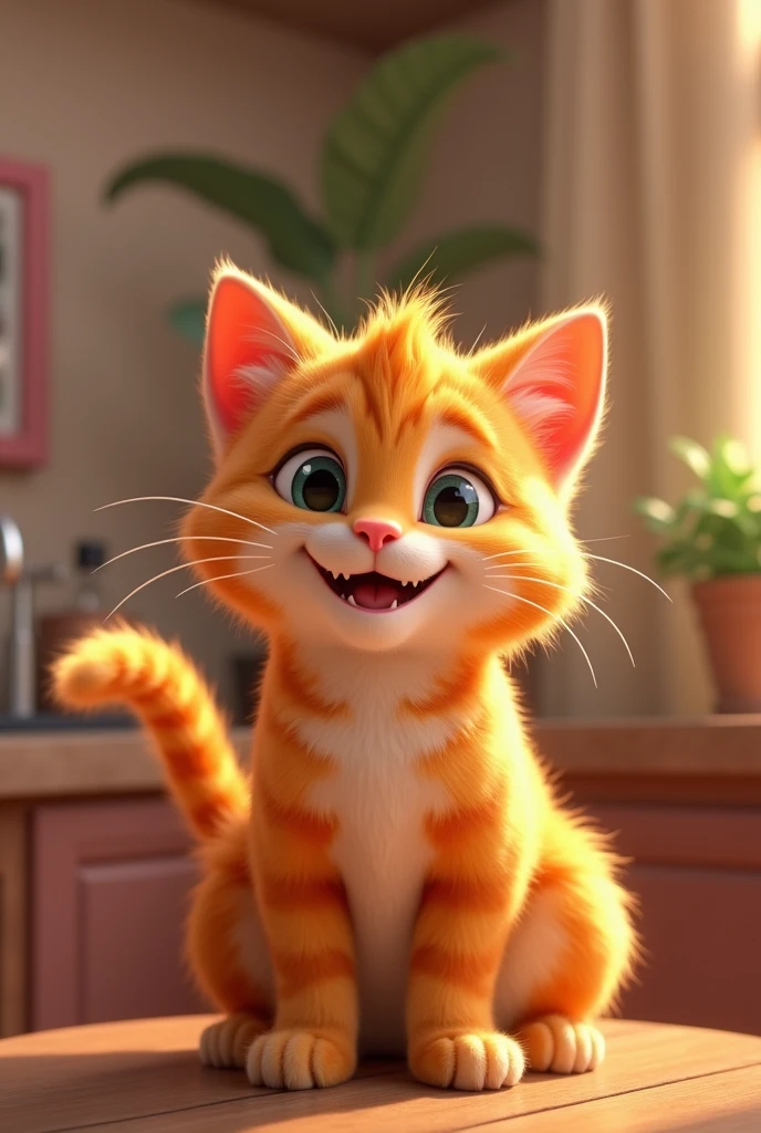 Most Happy  cat siting On a table Ai 3D Animated Disney inspired 