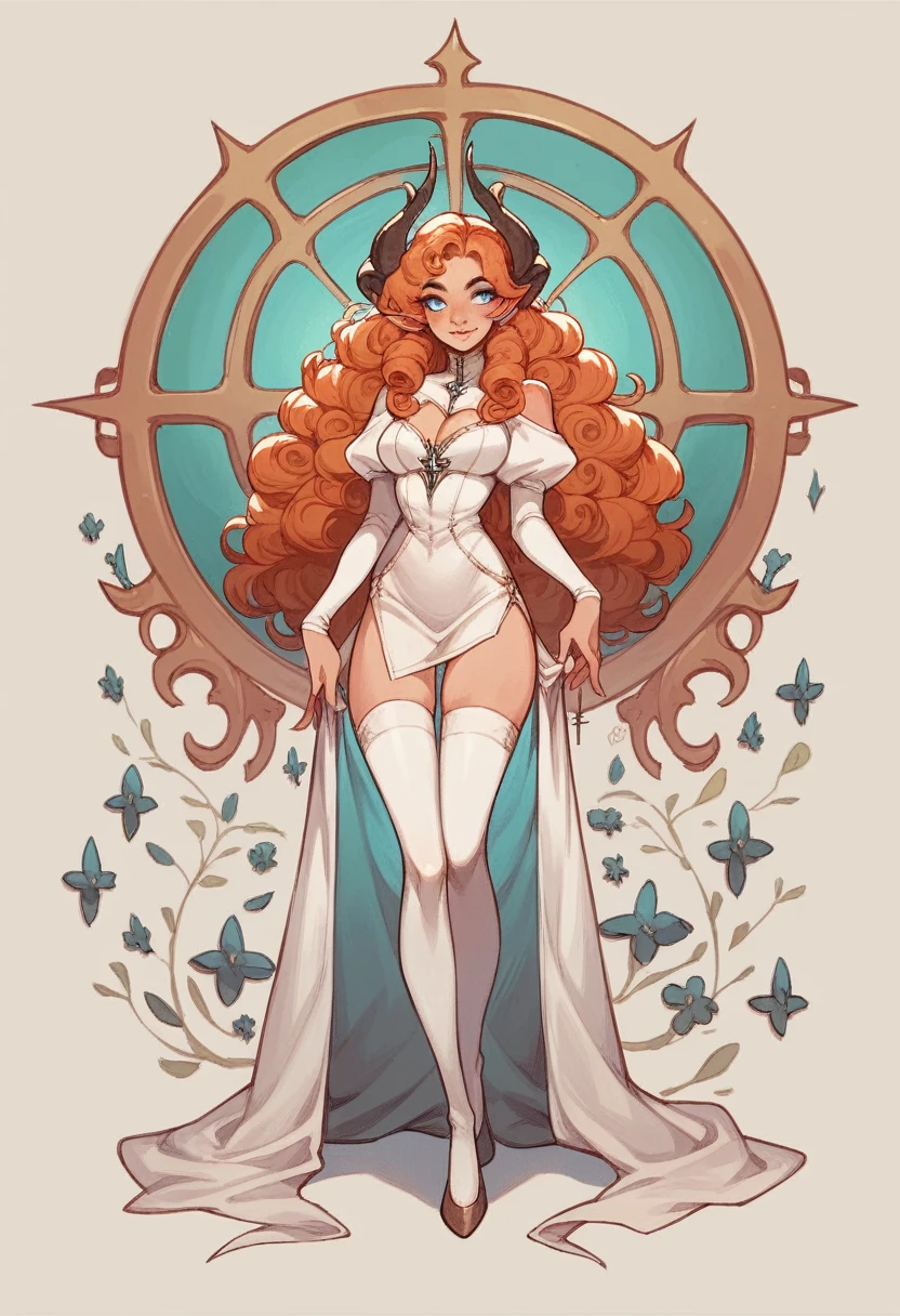 y, Female, blue eyes, curly orange hair, demon, cleric, full body, white stockings, animated