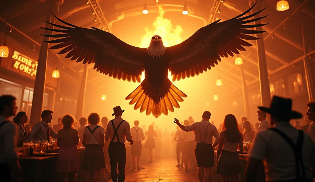Eagle in fire with german dancing drinking beer in german cafe in fire octoberfest lot beer