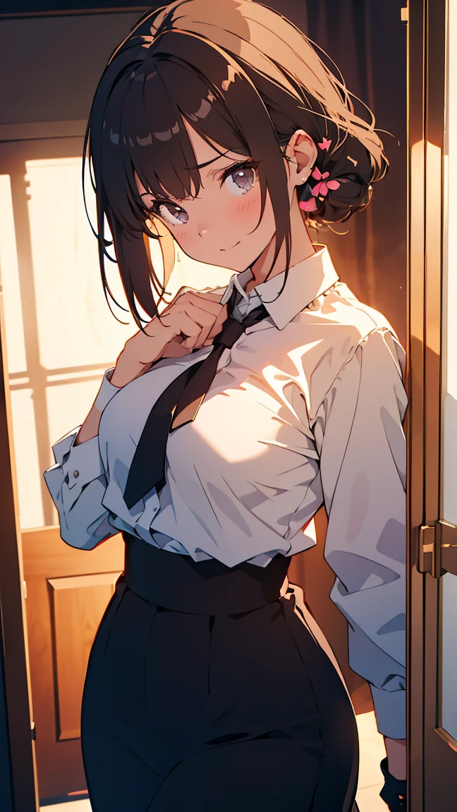 score_9, score_8_up, score_7_up, source_anime, 1girl, black eyes, room, wariza, medium hair, messy ponytail, dark brown hair, gradient hair, portrait, solo, Adult woman, best perfect anatomy, thin, curvy body, flat breasts, curvy body, close up shot on person, a woman showing embarrassment, shy face, blush, light smile, close up shot on person, pov_doorway, a woman showing his hand, mature woman standing poses, wear cat ear headband, white shirt, black tie, format black vest, Long-sleeved shirt, white format gloves, black trousers, dynamic angle. perfect dynamic composition, foreshortening, dramatic shading, night days, volumetric lighting, hotel room background,