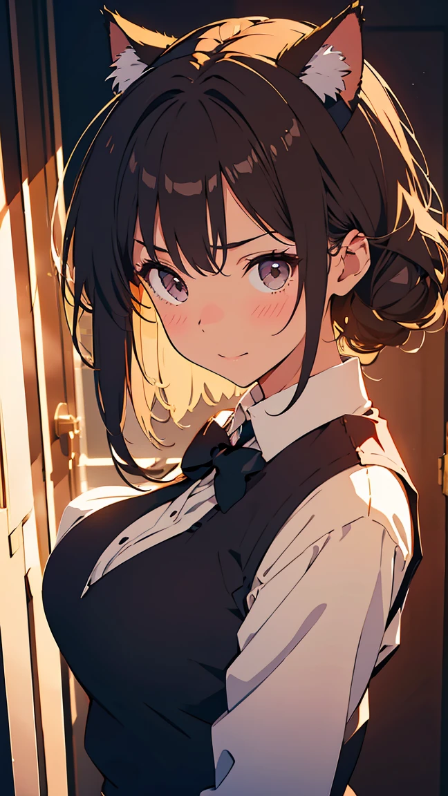 score_9, score_8_up, score_7_up, source_anime, 1girl, black eyes, room, wariza, medium hair, messy ponytail, dark brown hair, gradient hair, portrait, solo, Adult woman, best perfect anatomy, thin, curvy body, flat breasts, curvy body, close up shot on person, a woman showing embarrassment, shy face, blush, light smile, close up shot on person, pov_doorway, a woman showing his hand, mature woman standing poses, wear cat ear headband, white shirt, black tie, format black vest, Long-sleeved shirt, white format gloves, black trousers, dynamic angle. perfect dynamic composition, foreshortening, dramatic shading, night days, volumetric lighting, hotel room background,