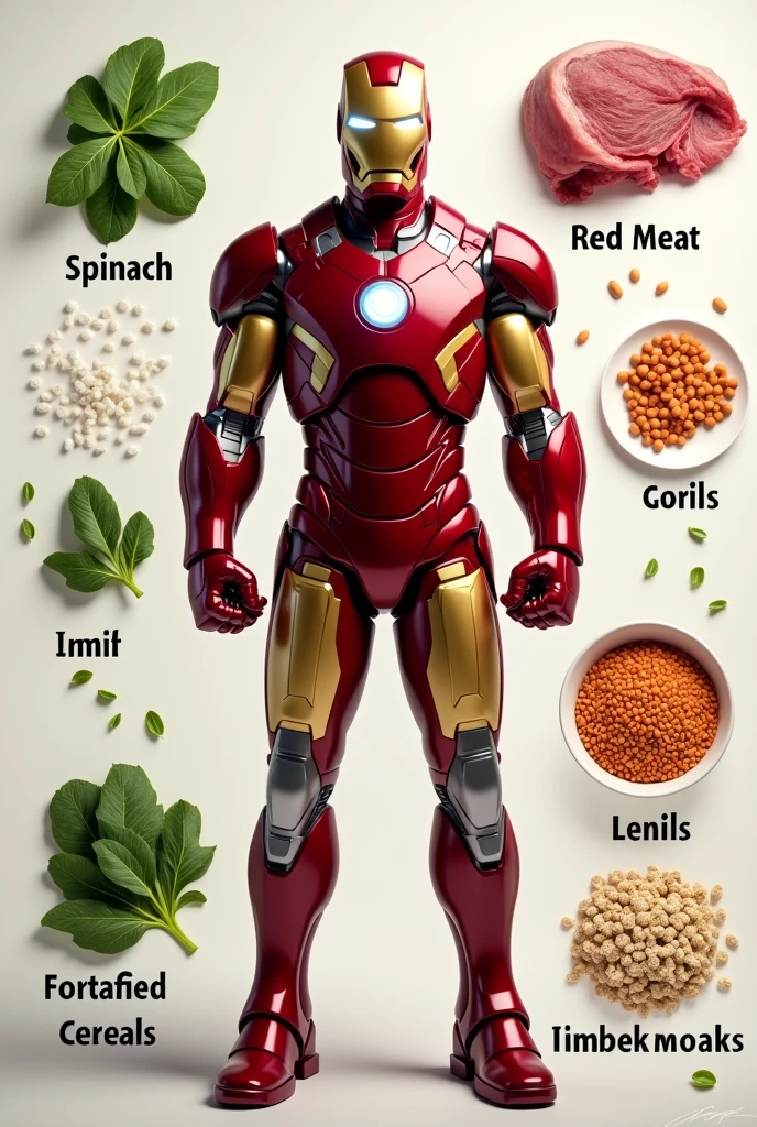 Generate a image that marvel character (iron man) with a mask advising to eat a foods when you are in iron deficiency. The image should be in 9:16 ratio and with the foods name. The should be realistic and awesome.