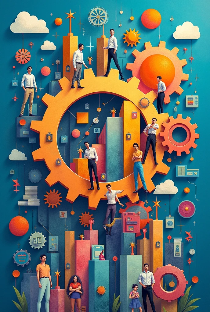 Create three-dimensional gears, circles, and squares, currency, graph lines, and many businessman and businesswoman images. Using watercolor and mixed media Use bright colors The light source is in the upper right corner,background blue. --ar 2:3