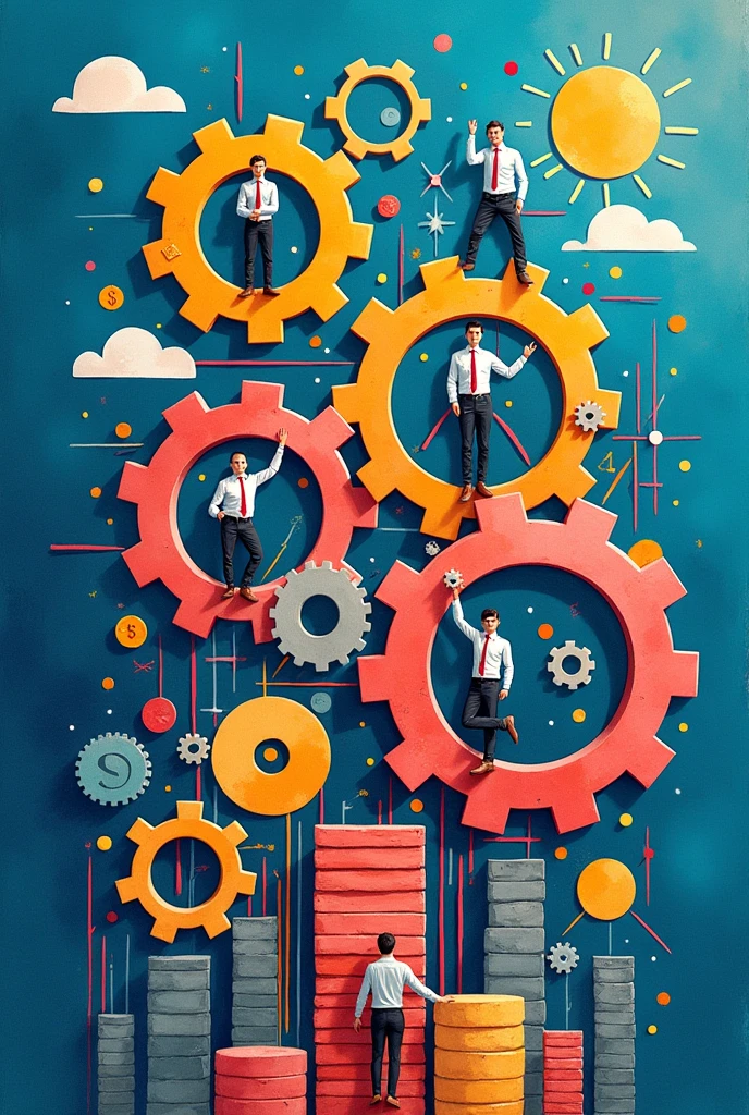 Create three-dimensional gears, circles, and squares, currency, graph lines, and many businessman and businesswoman images. Using watercolor and mixed media Use bright colors The light source is in the upper right corner,background blue. --ar 2:3