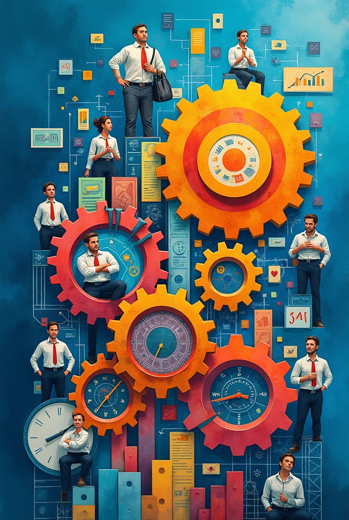 Create three-dimensional gears, circles, and squares, currency, graph lines, and many businessman and businesswoman images. Using watercolor and mixed media Use bright colors The light source is in the upper right corner,background blue. --ar 2:3