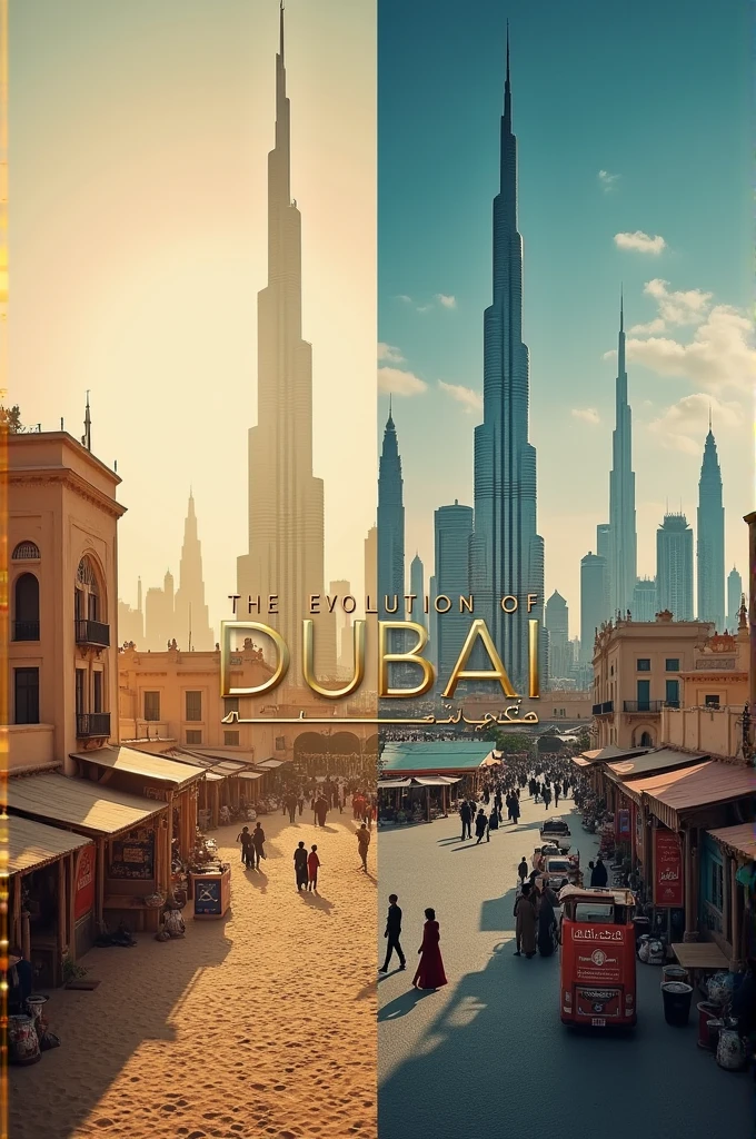 Create a YouTube thumbnail on "The Evolution of Dubai":

"Image: A split-screen image with a vintage photo of Dubai's desert landscape and traditional souks on one side, and a modern photo of Dubai's futuristic skyline, Burj Khalifa, and bustling streets on the other.
Text:
The Evolution of Dubai

[Use a bold, modern font and add a touch of gold or Arabic-inspired design elements to reflect Dubai's luxurious and cultural vibe]"