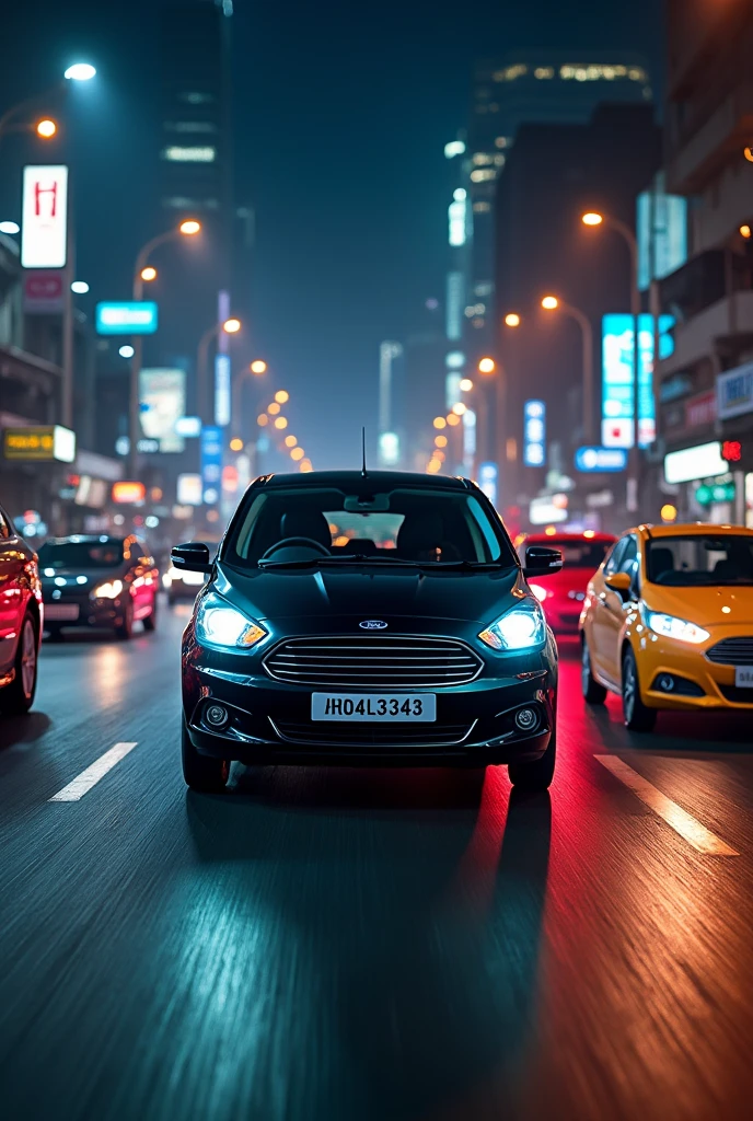 black ford figo with registration number HR04L3343  on indian traffic fast  in night