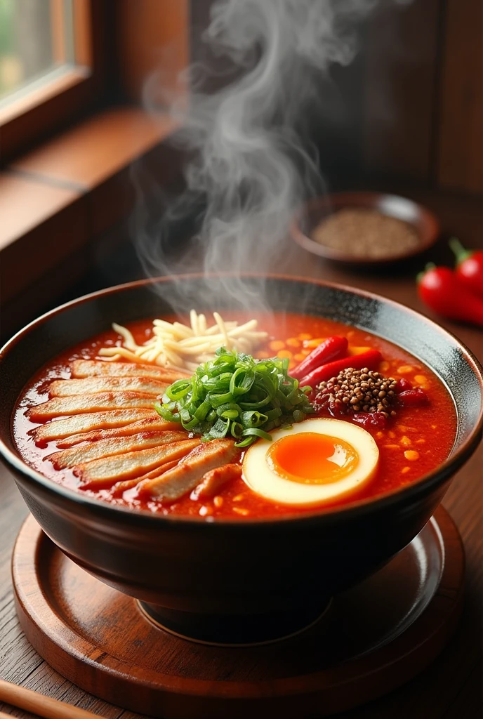 Create an image of a bowl of spicy ramen. The ramen should have rich, vibrant red broth, swirling with steam to indicate heat. Garnish the ramen with slices of tender pork, a soft-boiled egg with a perfectly runny yolk, and an assortment of toppings such as green onions, bamboo shoots, and a sprinkle of sesame seeds. Add a few slices of fiery red chili peppers and a dollop of chili paste on top to emphasize the spiciness. The background should be a cozy, rustic kitchen setting with wooden textures, reflecting a warm and inviting atmosphere.