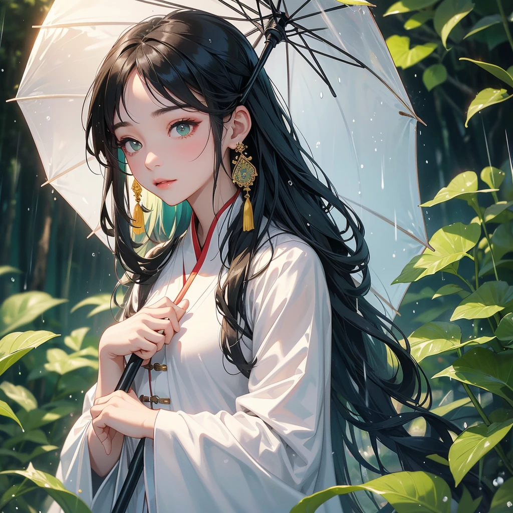 A beautiful girl with black long hair, wear white ancient chinese clothes, with the sun shining on her face, close up.

Stand holding an umbrella to protect from the rain. Rain fell and splashed around. There are water droplets falling on the leaves in the surrounding area, green and moist, the atmosphere after rain.