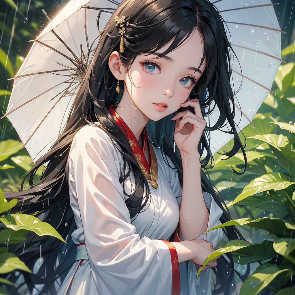 A beautiful girl with black long hair, wear white ancient chinese clothes, with the sun shining on her face, close up.
Stand holding an umbrella to protect from the rain. Rain fell and splashed around. There are water droplets falling on the leaves in the surrounding area, green and moist, the atmosphere after rain.