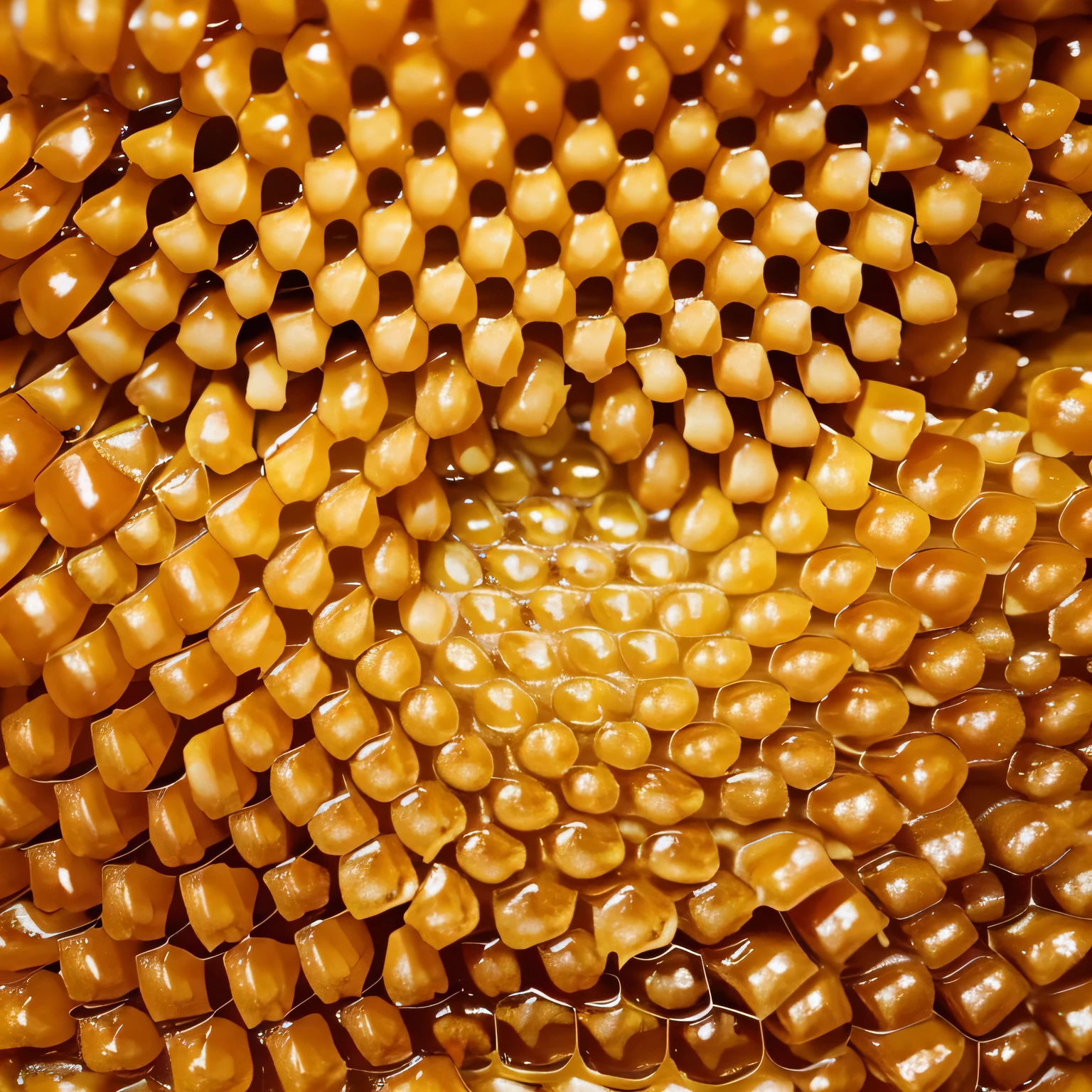 There is a honey colored background with honeycombs in one tenth of the area, and a thick pile of honey flowing on the background color