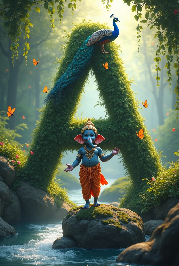 Create a serene, ethereal scene featuring a young Lord Ganesha standing on Alfabet. He is depicted as a child with dark blue skin, wearing traditional attire in shades of blue and orange, adorned with a peacock feather on his head. He stands on a rock, surrounded by flowing water and lush greenery, with vines and flowers cascading from a large, moss-covered letter 'A' in the background not bulerd. A vibrant peacock with its feathers spread out gracefully complements the scene. The environment is peaceful, with soft light, fluttering butterflies, and an overall divine ambiance