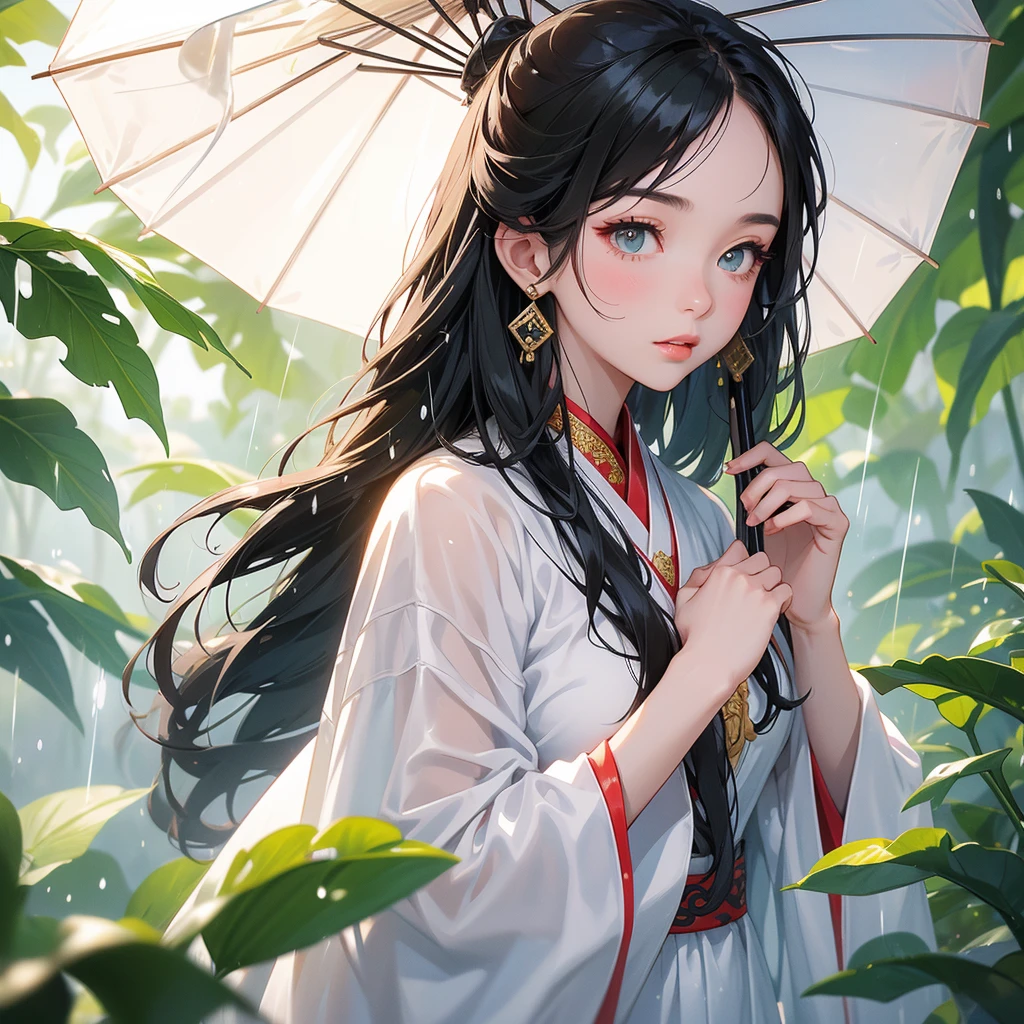 A beautiful girl with black long hair, wear white ancient chinese clothes, with the sun shining on her face, close up.
Stand holding an umbrella to protect from the rain. Rain fell and splashed around. There are water droplets falling on the leaves in the surrounding area, green and moist, the atmosphere after rain.