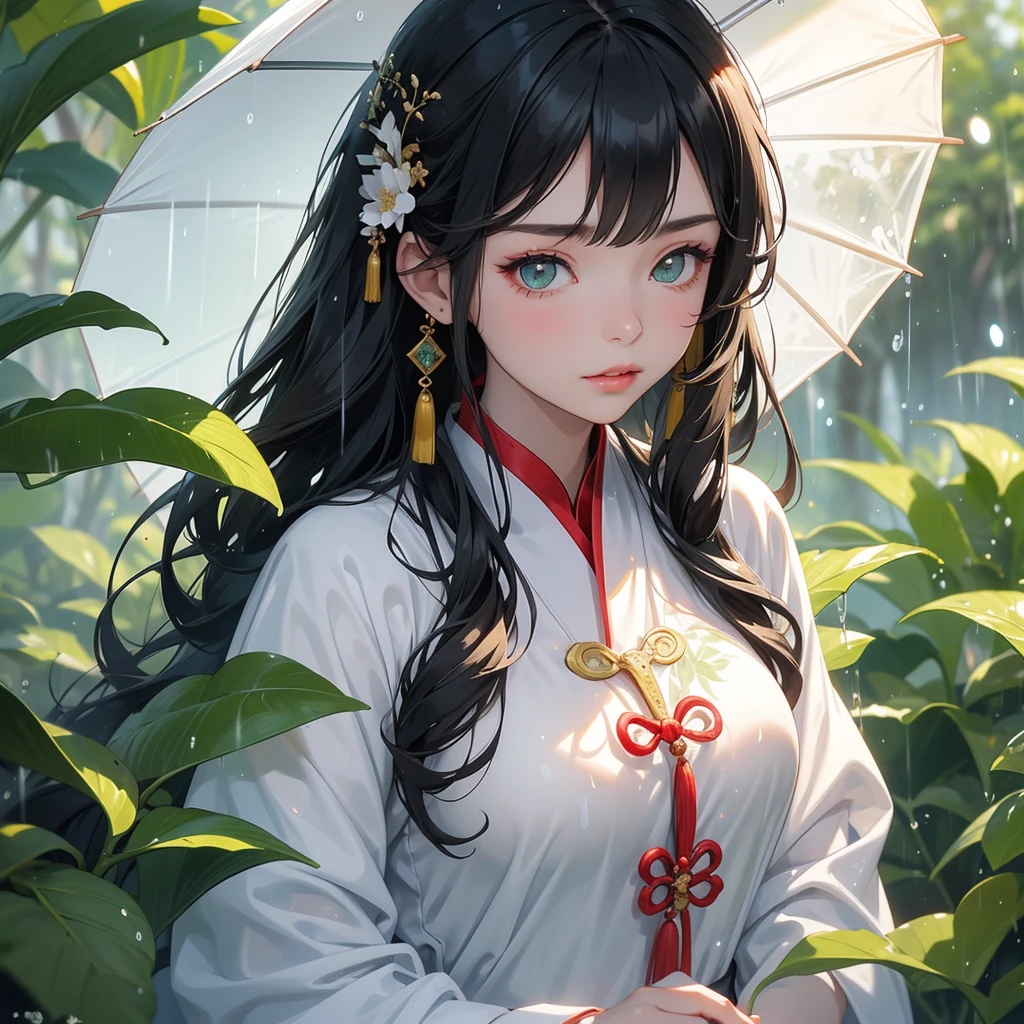 A beautiful girl with black long hair, wear white ancient chinese clothes, with the sun shining on her face, close up.

Stand holding an umbrella to protect from the rain. Rain fell and splashed around. There are water droplets falling on the leaves in the surrounding area, green and moist, the atmosphere after rain.
