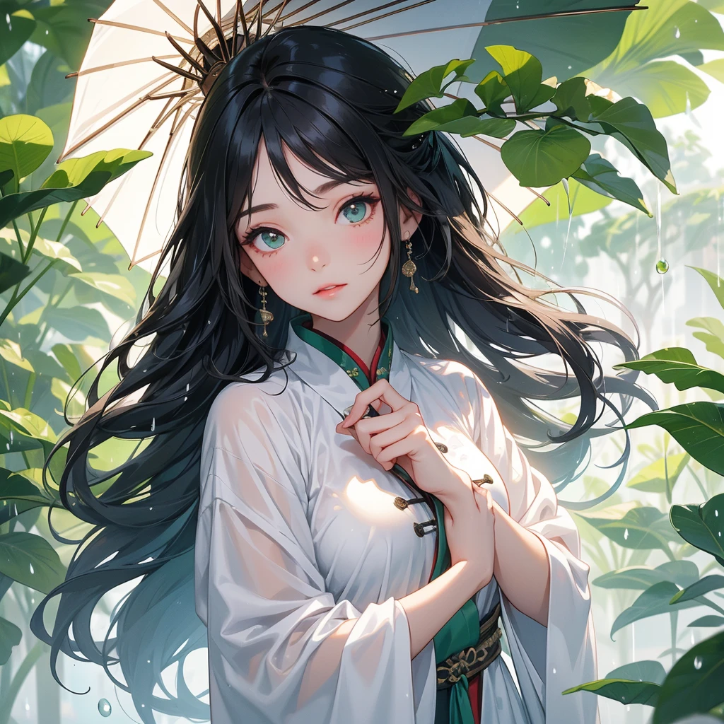 A beautiful girl with black long hair, wear white ancient chinese clothes, with the sun shining on her face, close up.

Stand holding an umbrella to protect from the rain. Rain fell and splashed around. There are water droplets falling on the leaves in the surrounding area, green and moist, the atmosphere after rain.