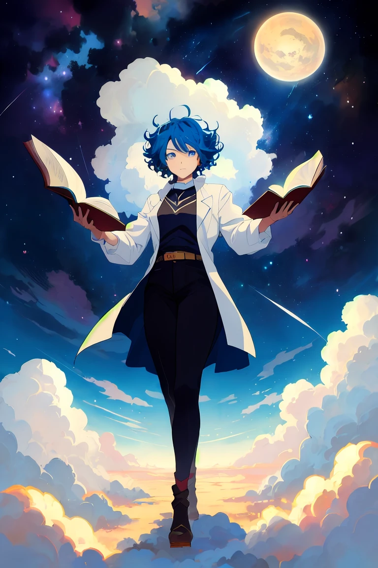 masterpiece ,best quality, Beautiful blue skin anime model full body, Basking in the sun on the clouds floating in the Milky Way, Seductive eyes, Curly hair fantasy, Background thick clouds, high quality,Bring 1 book，Blue Hair，Expression of seeking knowledge