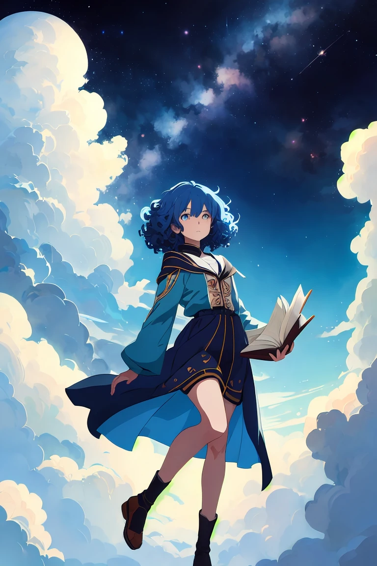 masterpiece ,best quality, Beautiful blue skin anime model full body, Basking in the sun on the clouds floating in the Milky Way, Seductive eyes, Curly hair fantasy, Background thick clouds, high quality,Bring 1 book，Blue Hair，Expression of seeking knowledge