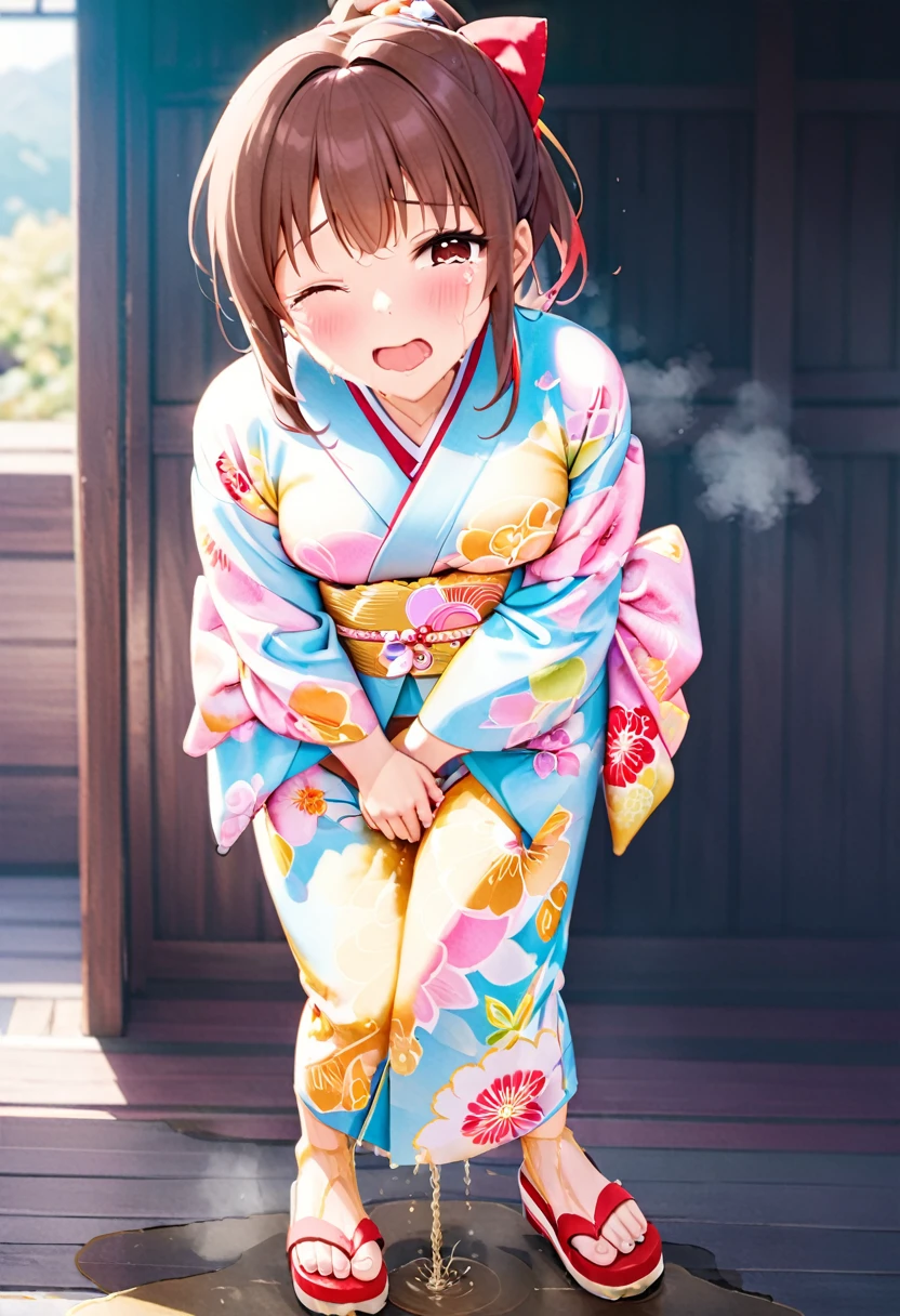 NSFW, (masterpiece, top quality, best quality, highly detailed:1.6), anatomically correct, (full body), wide shot, long shot, (Knee rubbing:3), (leaning forward, Hold the crotch area over the clothes:2.5), (standing:2), (((clutching crotch))), (woman standing in the shrine, outdoor), (Pastel Colors kimono, Maxi Length, Extremely wet with pee:2.5),strong facial expression, (sharp eye:1.2), (scowl:1.1), (embarrassed,blush:1.3), (steam:2.5), (Wet:1.1), (sweat:1.1), (trembling:1.3), (open mouth, wavy mouth:1.7), (clenched teeth:0.3), (Drooling from the mouth:0.7), (half open eyes:2.5), (Close one eye, Winking:3), (tears:3), (feeling weak:1.5), (bravery crying, sobbing:1.5), (shoot from front:1.2), (Red sandals:2), (long hair, Dark Brown hair, low ponytail:1.5), (woman trembling with sexual climax:1.5), colorful, perfect composition, (Touching the crotch:1.7), urination, incontinence, piss, peeing self, A lot of pee, (((pee stream))), (pee puddle), Wetting herself, peeing, blush, trembling, embarrassed, large breasts, Yellow pee, ((leaking pee)), Shaking one's shoulders, Breaking a sweat on forehead, Pee spread on the floor, (Pee stains), Full bladder, ((Pee-soaked kimono)), natural makeup,Pee dripping from kimono,(Kimono with big urine stains),