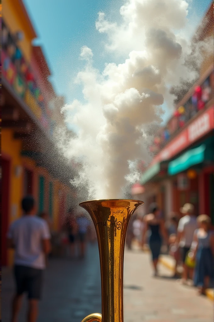 A trumpet, that blows out white dust, which whirls with black dust in the middle with a Mexican background