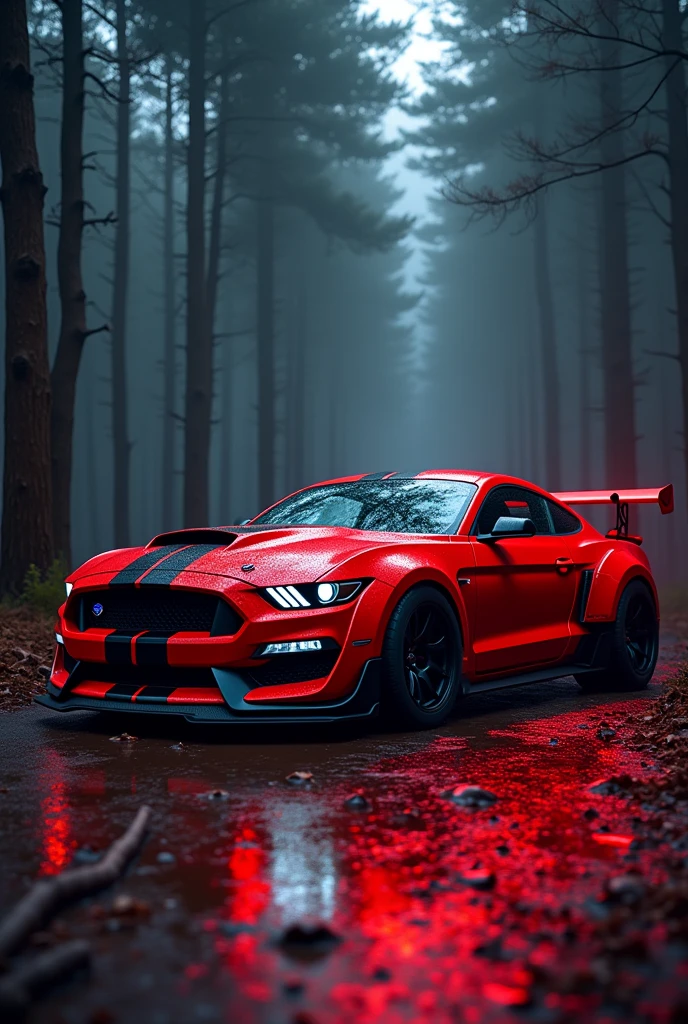 Mustang GT maximally tuned Chrome red Sport spoiler in red Maximally tuned Awesome sports tires Neon lights glowing red 4k ultra hd In the spooky forest Real car all lights on in the dark forest Black stripes