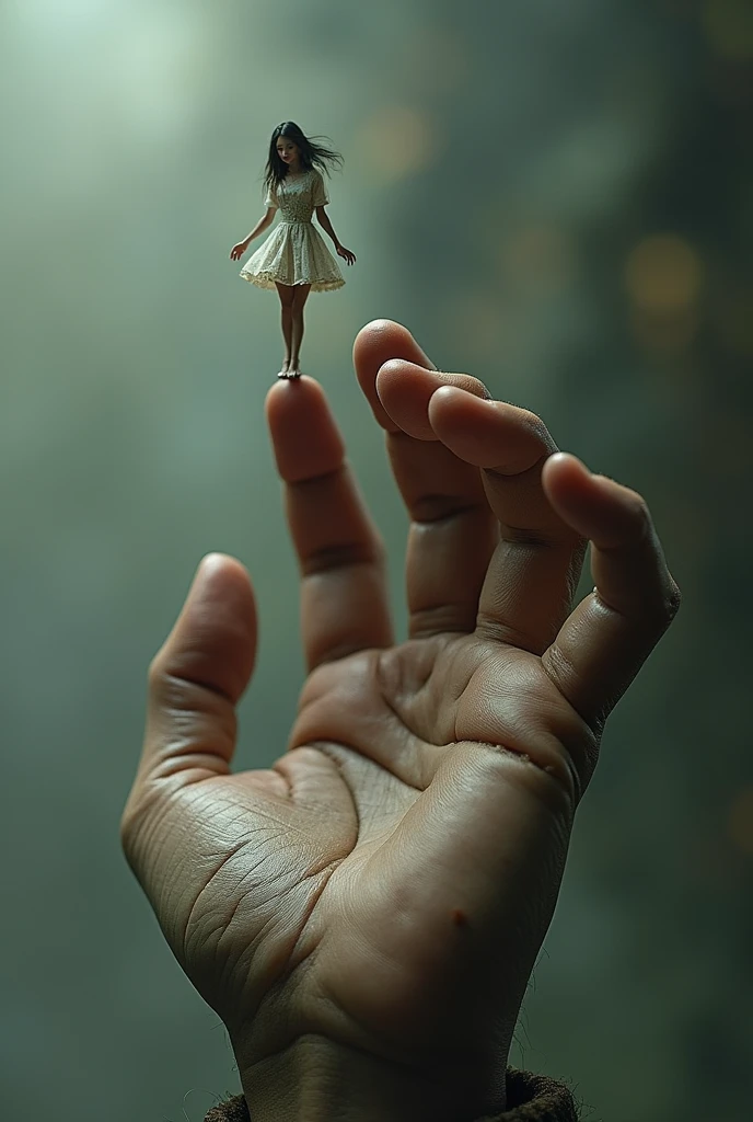 A shrunken woman standing on a giant hand