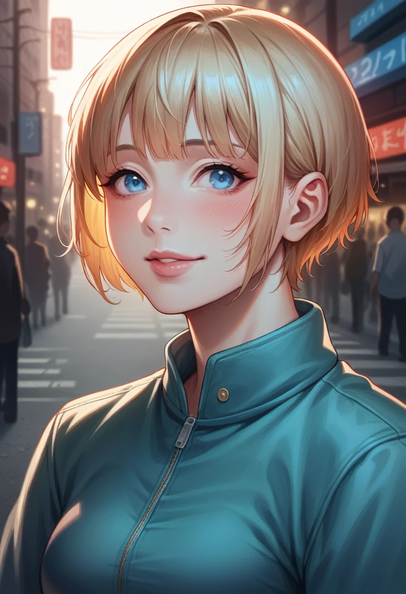 a 20 year old Shin-chan, extremely detaild, beautiful detailed light blue eyes, beautiful detailed lips, shy smile, ⁰extremely detaild face, Detailed facial expressions, 1 , anime styling, swirly vibrant colors, dynamic pose, mischievous expression, street background, Urban city, detailed ambient, details Intricate, photorrealistic, 8k, high resolution, work of art, cinematic lighting, dramatic lighting