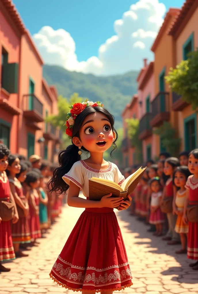  Latina girl is reciting a poem in the square of a Mexican style town, Many children and teachers look at her pixar style drawing 